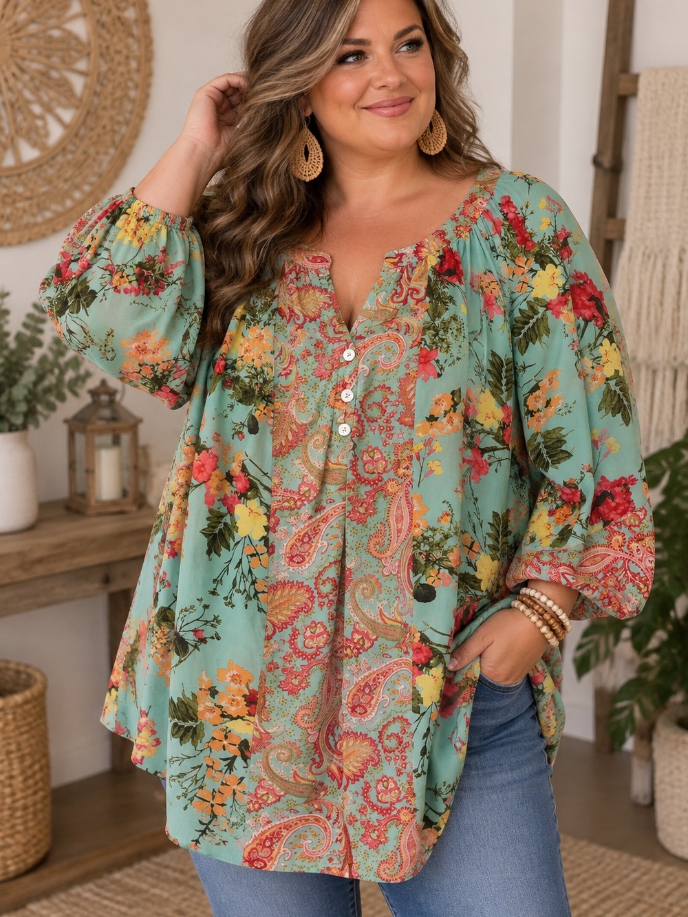 fig and flower Teal Floral Paisley Button-Front Peasant Tunic